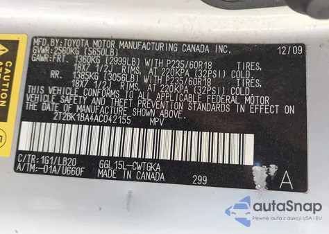 2010 Lexus Rx 350 from USA, damaged, VIN 2T2BK1BA4AC042155